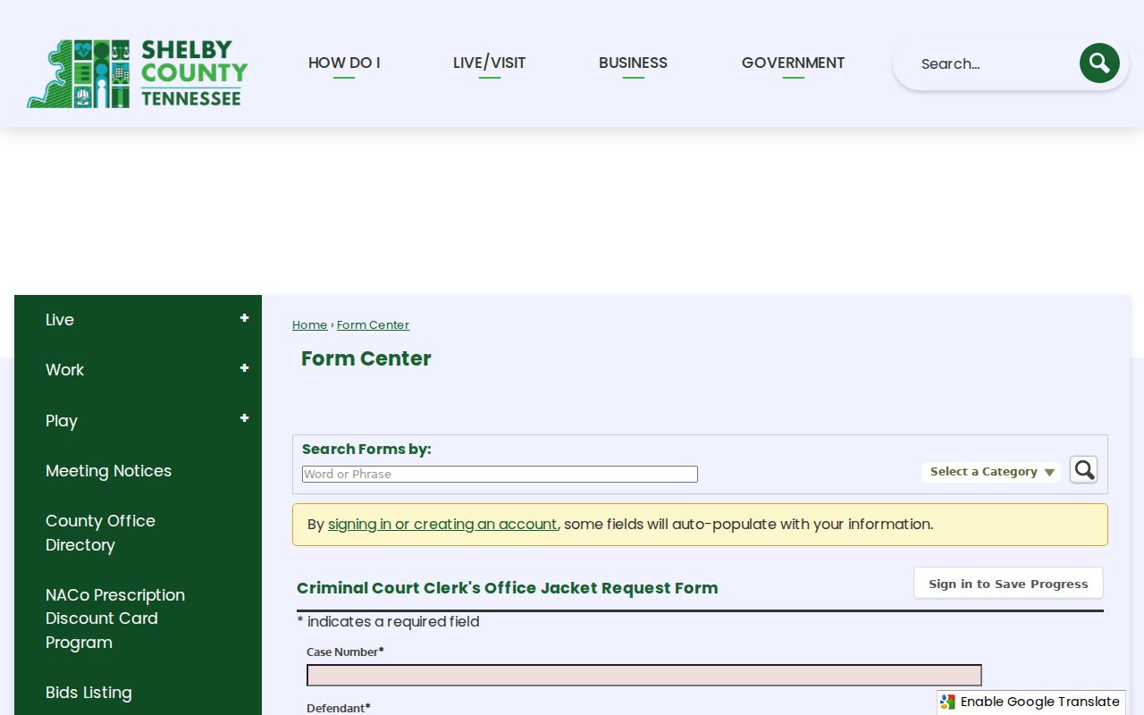 Shelby County criminal court case jacket request form