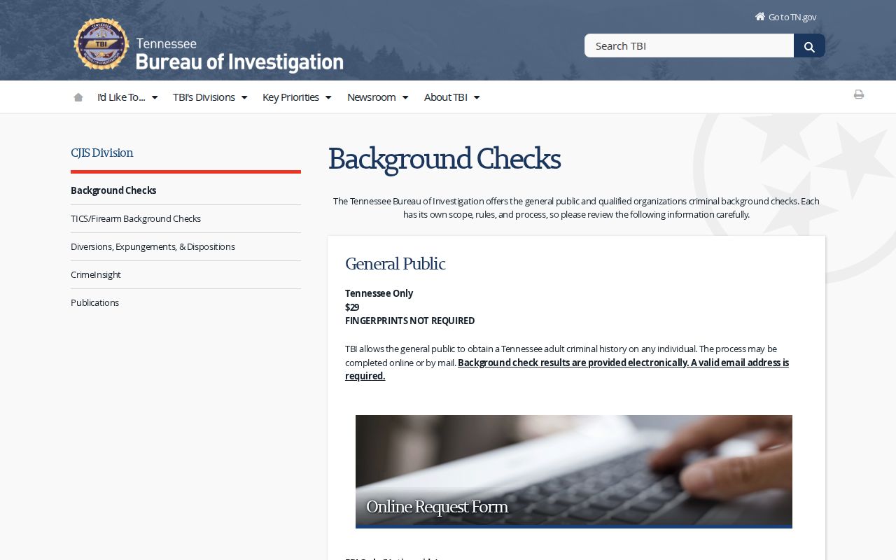 Tennessee Bureau of Investigation official background-check service page