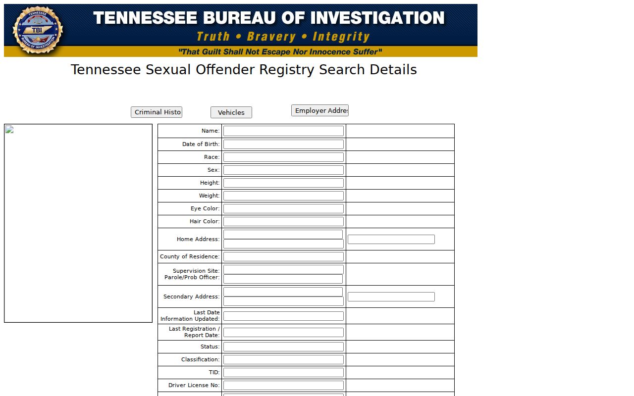 Blank Shelby County sex offender registry profile field layout