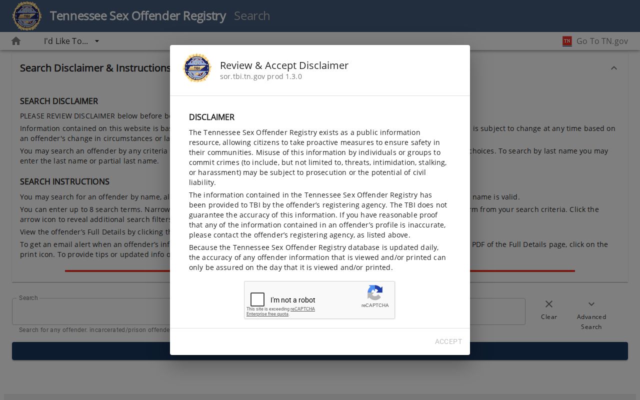 Shelby County sex offender check fields on the Tennessee registry search